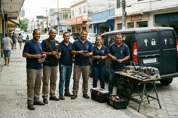 Grupo de profissionais de chaveiro conversando sobre serviços em Itaguaí.