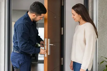 Profissional de chaveiro abrindo uma porta com ferramentas especializadas.