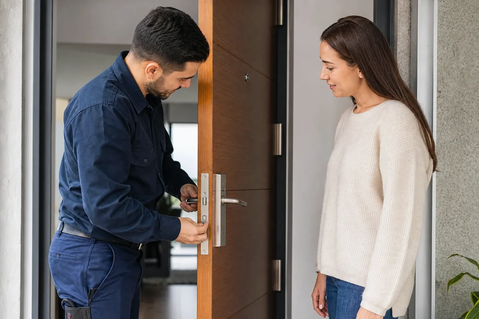 Profissional de chaveiro abrindo uma porta com ferramentas especializadas.
