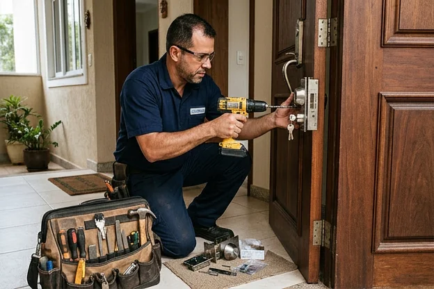 Técnico instalando uma fechadura em uma porta de comércio.